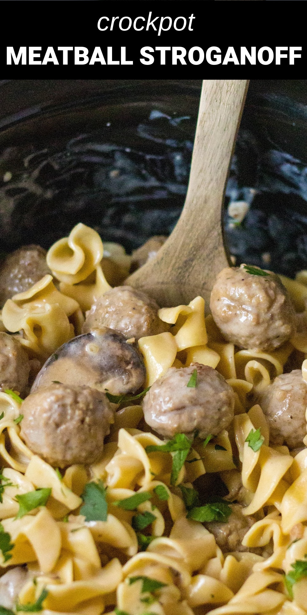 This Crockpot Meatball Stroganoff is made with savory meatballs and tender sliced mushrooms cooked in a rich sour cream sauce and served over pasta noodles.