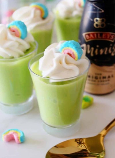green pudding in shot glass