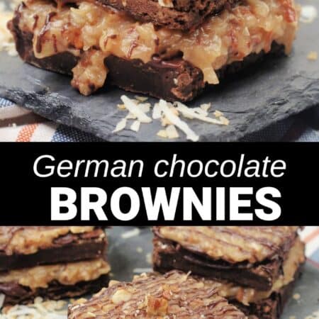 German chocolate brownies featuring decadent layers of rich brownie, creamy coconut, and pecan filling, all drizzled with luscious chocolate and beautifully arranged on slate serving trays.