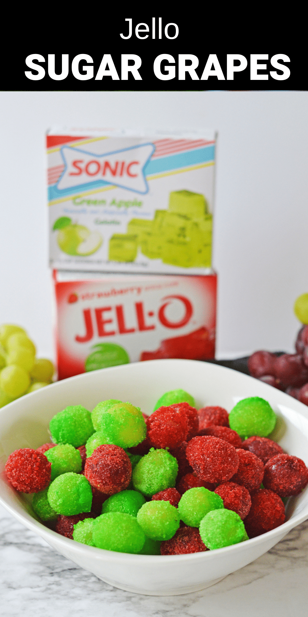 These frozen grapes with hello are the perfect easy and fun treat that the whole family will love. Fresh grapes are coated in sweet and fruity Jello powder and placed in the freezer to turn an ordinary fruit into a tasty frozen dessert!