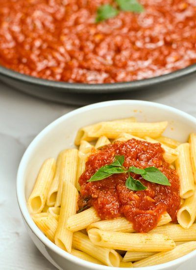Italian Marinara Sauce on a bowl of pasta