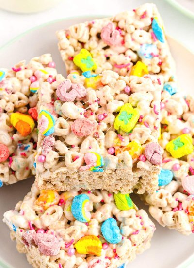 Lucky Charm treats in squares on plate