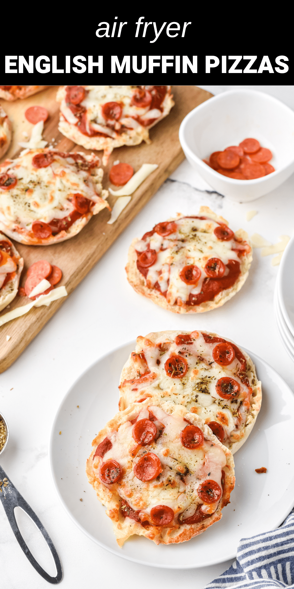 These air fryer English muffin pizzas are a delicious homemade mini version of the family dinner favorite that’s ready in minutes. English muffins serve as a light and toasty pizza crust, which is topped with a tangy sauce, gooey mozzarella cheese, and salty pepperoni then baked to a perfect golden brown in the air fryer.