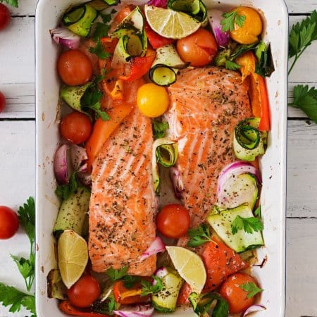Baked salmon fillet with vegetables.