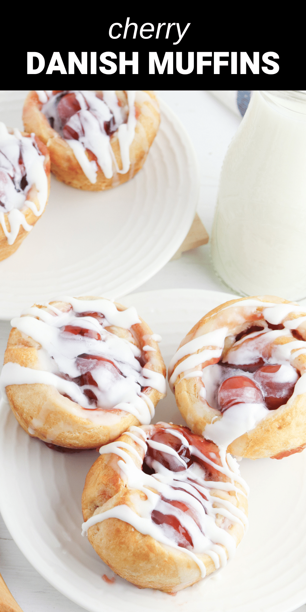 These cherry danish muffins are an easy and delicious breakfast or dessert that the whole family will love. Flaky crescent roll dough is filled with a rich vanilla cream cheese mixture and topped with cherry pie filling, then baked to a perfect golden brown and topped with a sweet glaze.
