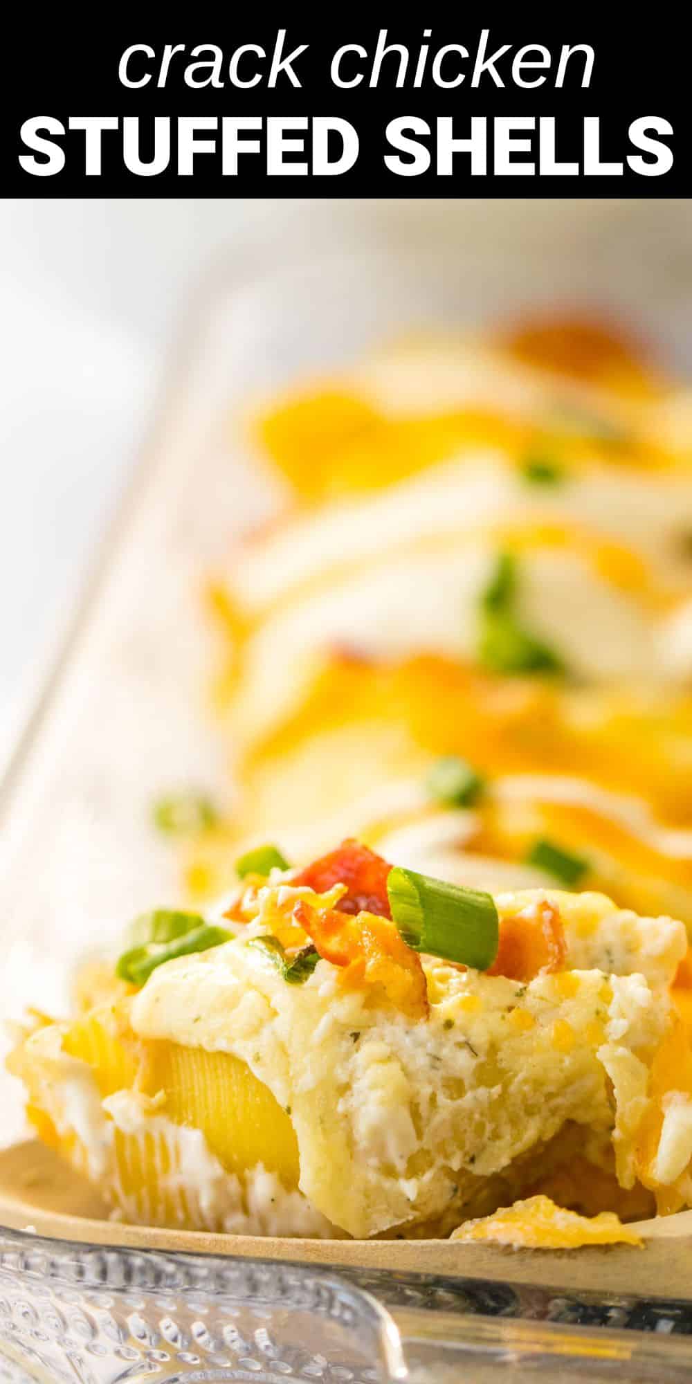 These Crack Chicken Stuffed Shells make the ultimate family favorite meal. Jumbo pasta shells are stuffed with tender chicken, bacon, cheese and mixed with a creamy sauce that has a delicious ranch flavor. The best part is this hearty meal is ready in an hour or less, perfect for busy weeknights.