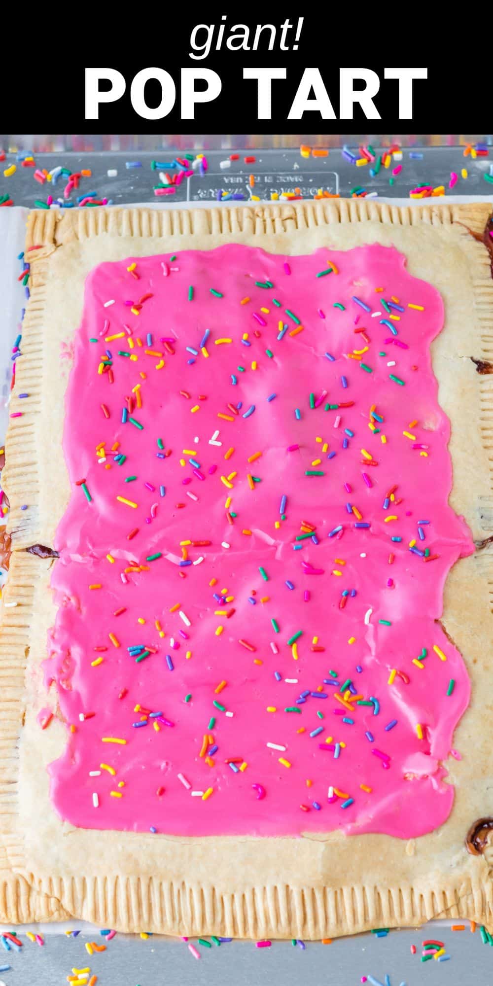 This giant pop tart recipe is a fun adaptation of a childhood favorite. Not your ordinary strawberry pop tart, this homemade version is the size of an entire sheet pan, creating a delicious pastry treat that the whole family can share.