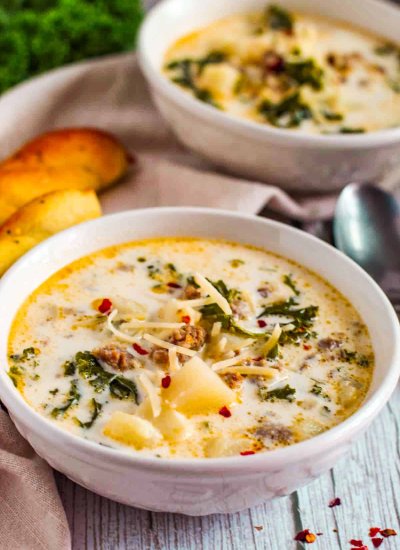 zuppo toscano soup in white bowls