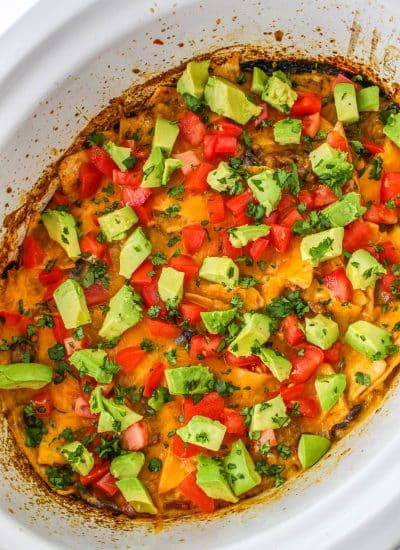 Topped the Crockpot Mexican Casserole with the diced avocado, fresh cilantro, and tomatoes.