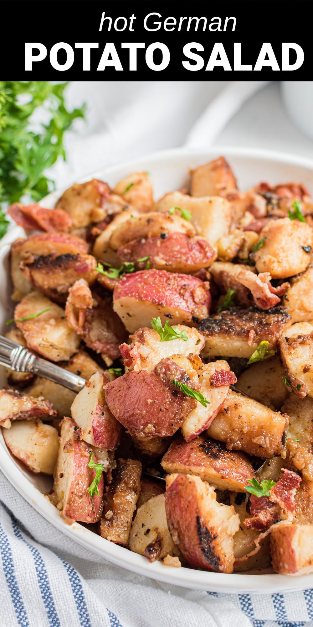 This Hot German Potato Salad Recipe with tender red potatoes, smokey bacon, and a delectable tangy dressing is the perfect side dish for just about any meal you choose. And because it's dairy-free, you can serve it warm or cold, making it an awesome choice to take on picnics or to serve at a backyard BBQ.