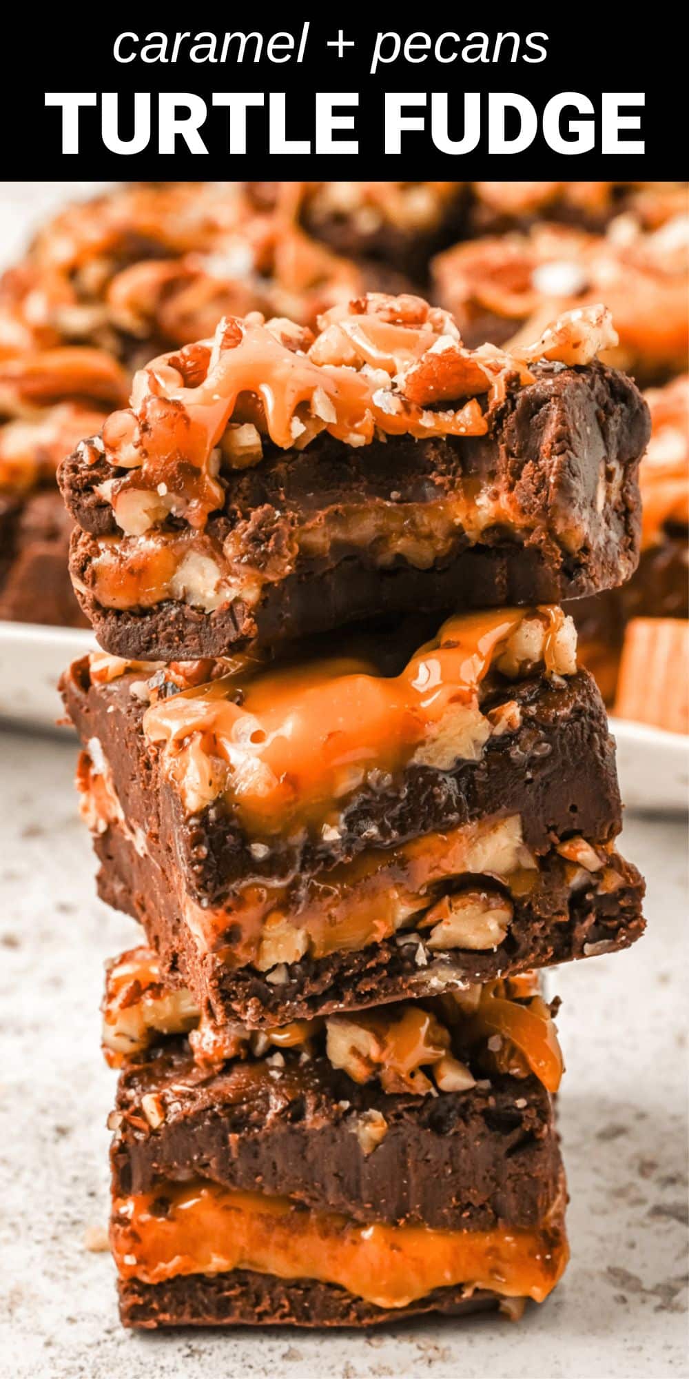 This turtle fudge is so rich and delicious that you won’t believe how easy it is to make. Layers of creamy chocolate fudge and crunchy pecans surround a gooey caramel layer, giving these delicious treats the taste of Turtles candies in fudge form. It’s simultaneously sweet, creamy, and nutty, with a little crunch from the pecans and a sprinkle of coarse salt on top to bring out the decadent chocolate and caramel flavors.