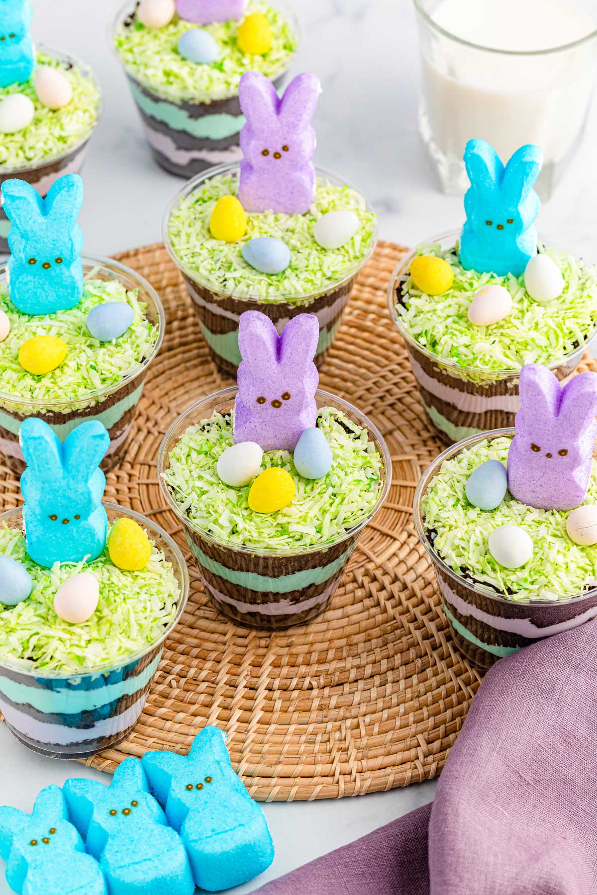 Easter Dirt Cups with ingredients and linen on the side