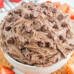 close up of chocolate fluffy dessert dip with chocolate chips on top