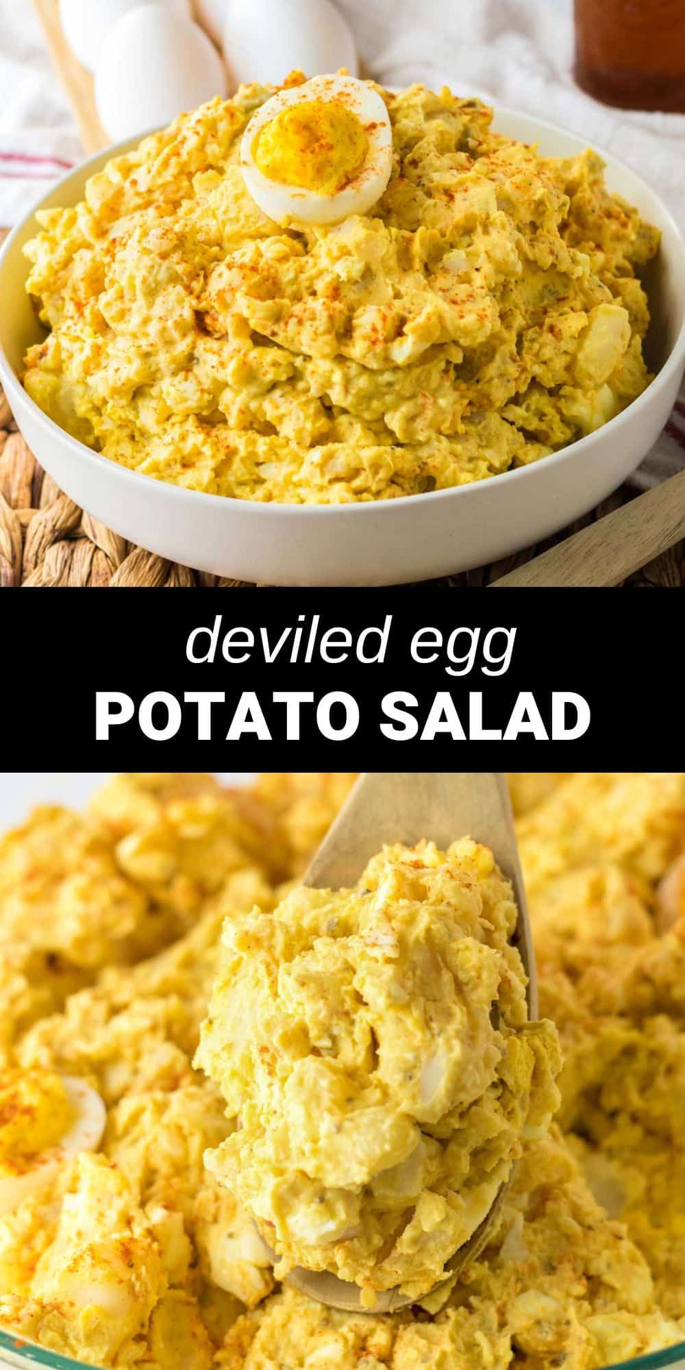 This Deviled Egg Potato Salad is the perfect potluck side dish! Every cookout needspotato salads and of course deviled eggs and this potato salad combines both in one delicious salad!
