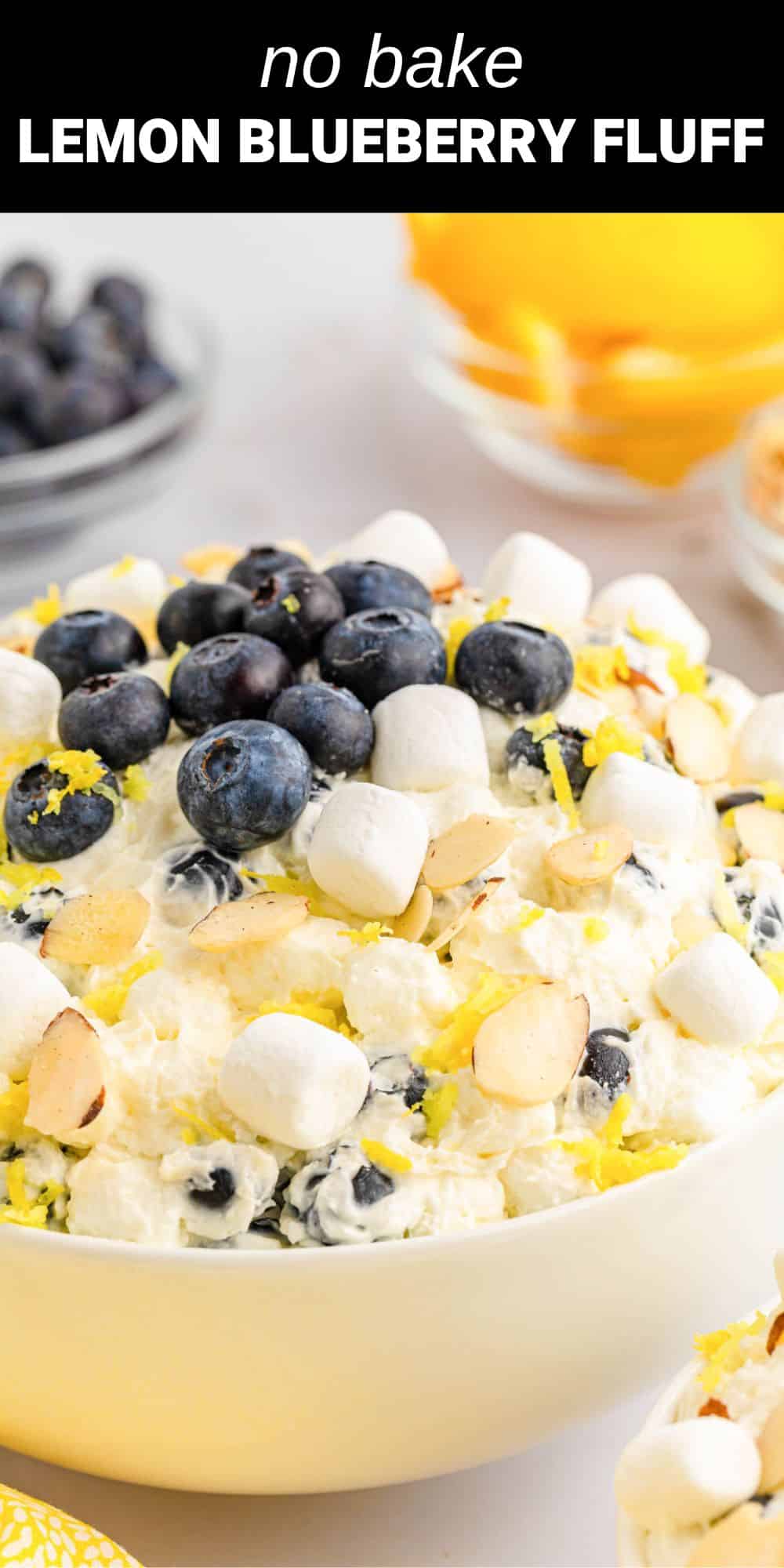 This delightfully delicious Lemon Blueberry Fluff recipe combines a light and creamy texture with pops of fruity sweetness. It's easy and refreshing no-bake tasty dessert salad that's perfect for any occasion! 