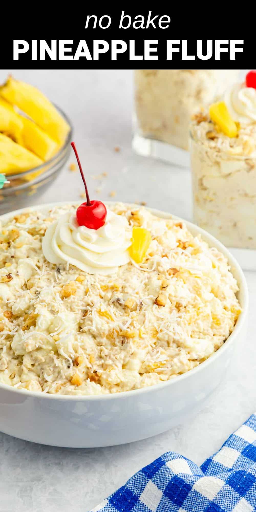 This creamy Pineapple Fluff Salad recipe is a light and refreshing dessert salad filled with all the same yummy, tropical flavors of a pina colada. It makes the perfect quick and easy sweet treat on a hot summer day.