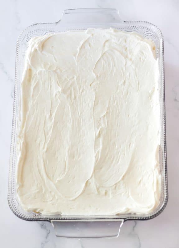 whipped topping on top in glass baking dish