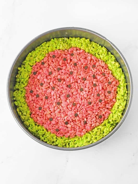 watermelon rice krispies in round tin