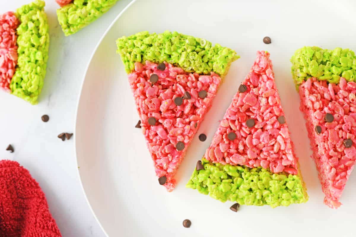 three watermelon triangle shaped rice krispies treats