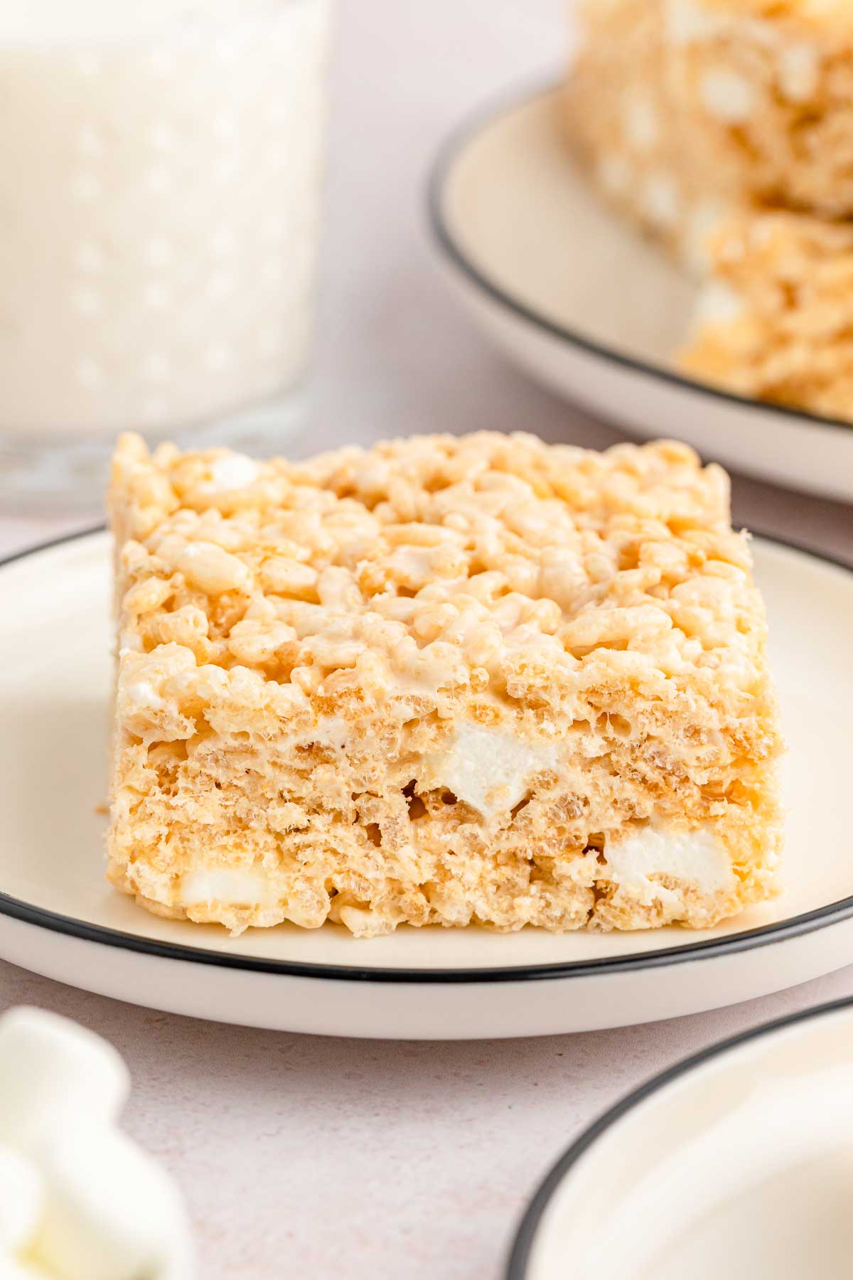 A closer look on Easy Rice Krispie Treats on a white plate
