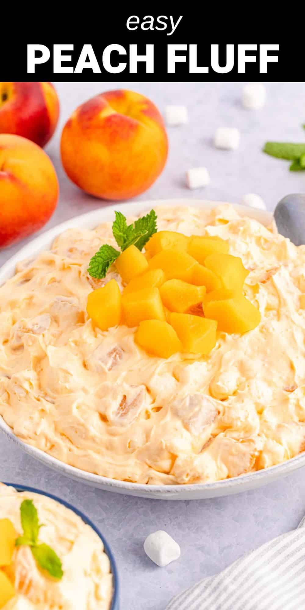 This light and fluffy Peach Fluff Salad is a timeless dessert or side dish that’s perfect for your next potluck, family gatherings, or a last-minute sweet treat. Loaded with juicy bits of peaches and studded with mini marshmallows, this simple and delicious recipe only takes 5 minutes to whip up.
