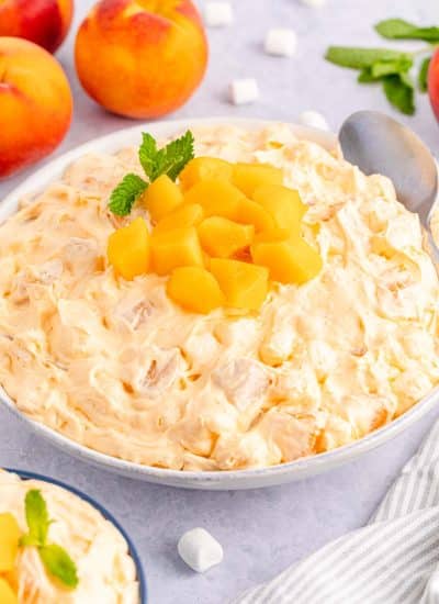 Fluffy orange "fluff" with chopped peaches