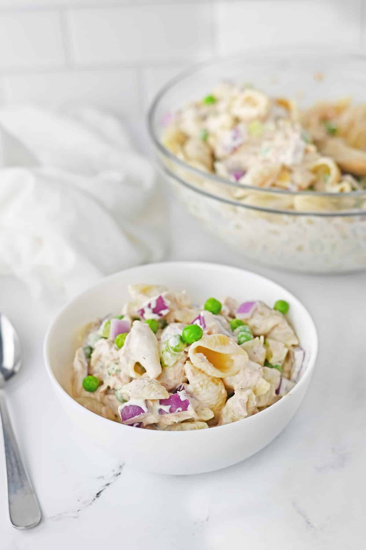 tuna pasta salad in white bowl