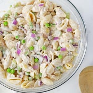 tuna pasta salad in glass bowl