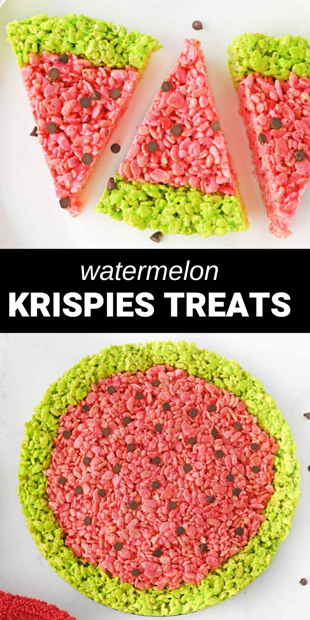 These watermelon Rice Krispie treats are such a fun summer dessert. They have all the delicious flavor of a traditional Rice Krispie treat, and they’re colored and shaped to look like cute little watermelon slices!