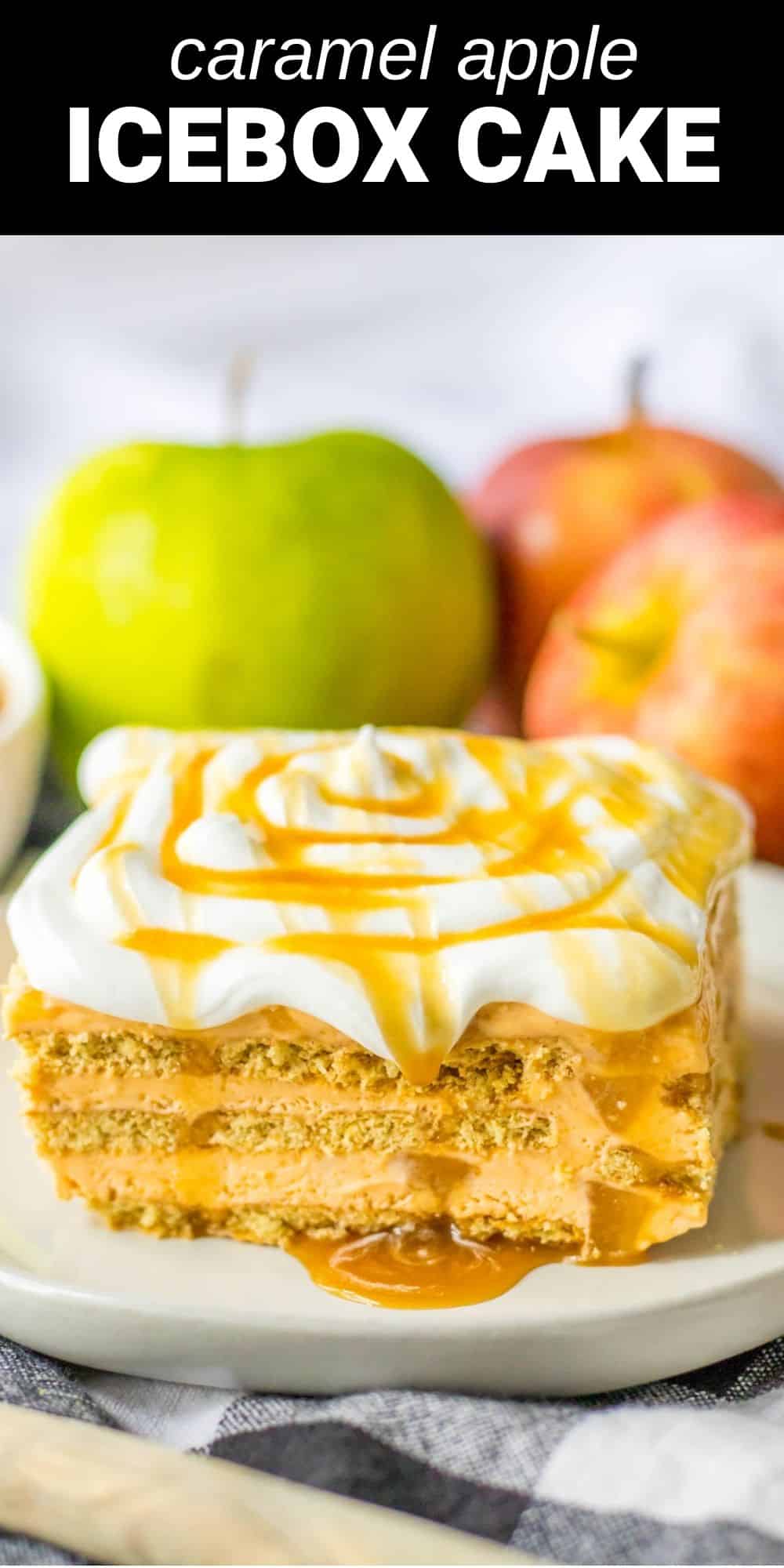 This delightfully decadent Caramel Apple Icebox Cake features layers of cinnamon graham crackers and a creamy apple filling, drizzled with a sweet caramel sauce. And the best part is, this is an easy, no bake dessert that only takes minutes to prepare.  