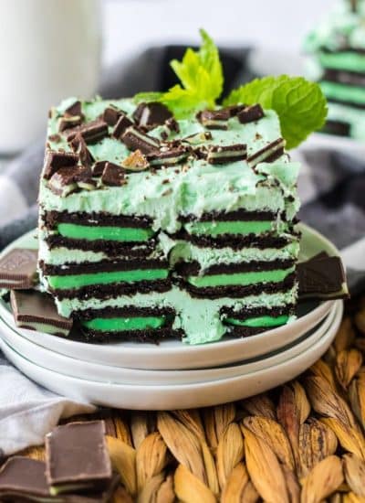A slice of Mint Chocolate Icebox Cake with Andes mints and toppings