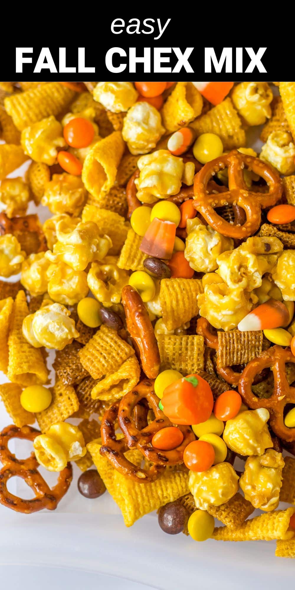 This quick and easy Fall Chex Mix is a delicious, sweet treat made with the perfect combination of wheat and rice Chex, salty pretzels, and everyone's favorite Halloween candies. It's the perfect snack for all your fall season gatherings.