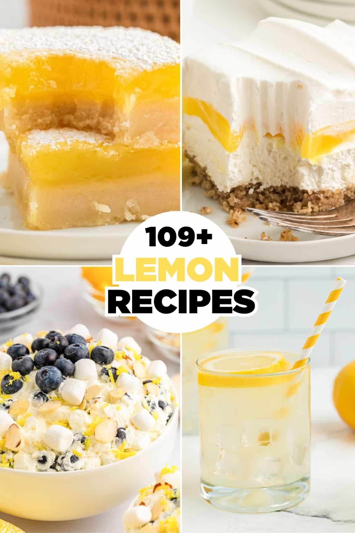 lemon bars, lemon lush, lemon fluff, and lemonade