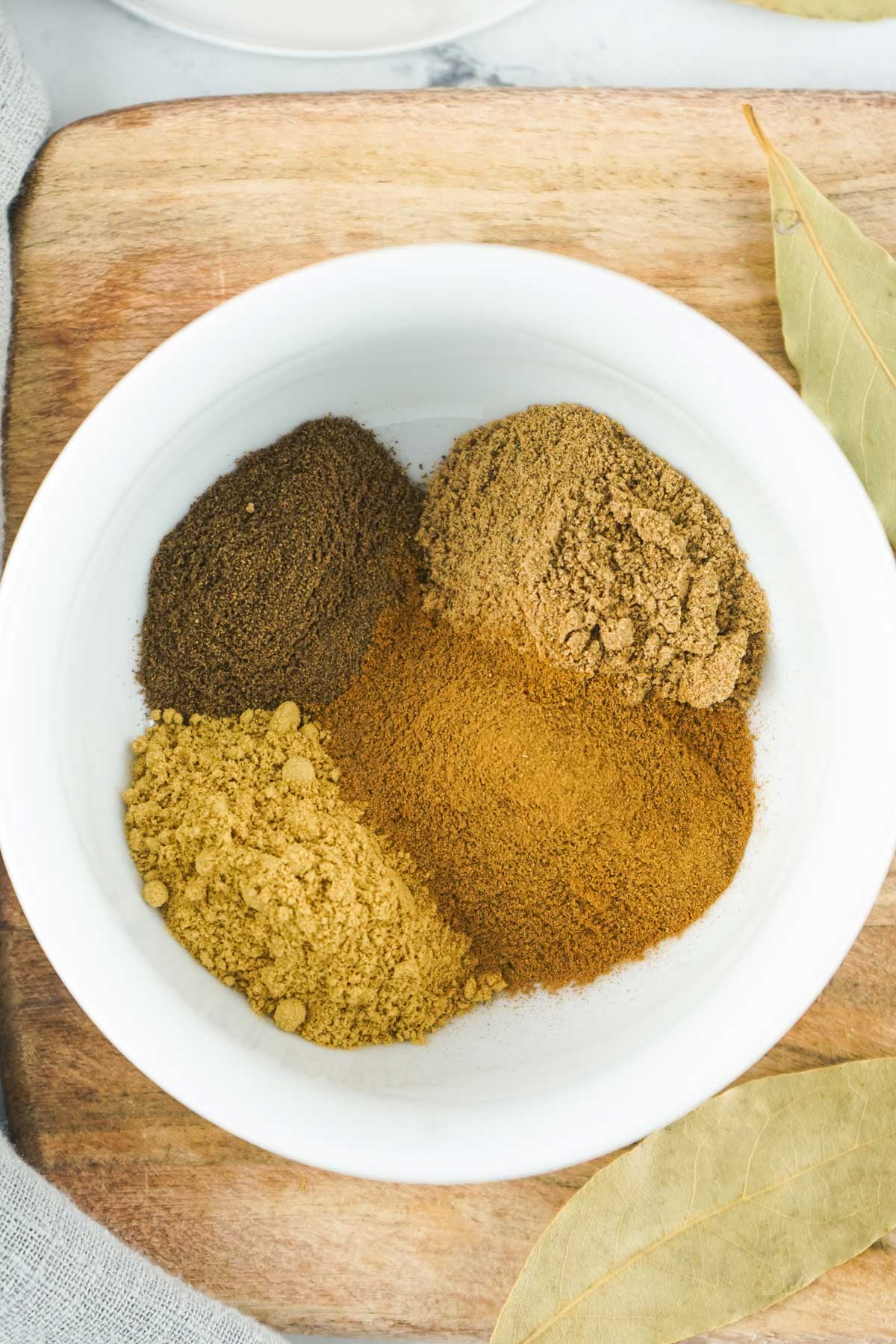 The first proces of making Pumpkin Pie Spice is to add all equal ingredients such as ground cinnamon, ground ginger, ground nutmeg and ground allspice in a bowl.
