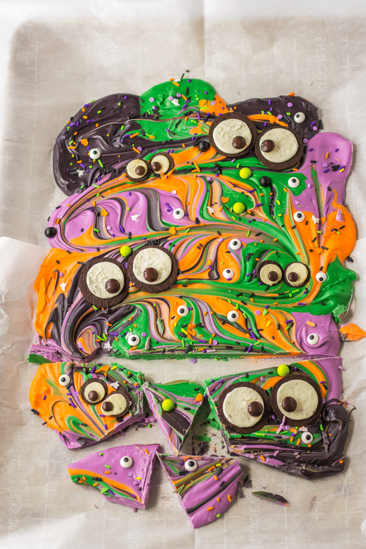 Another process in preparing Halloween Cookie Bark is to freeze the mixture