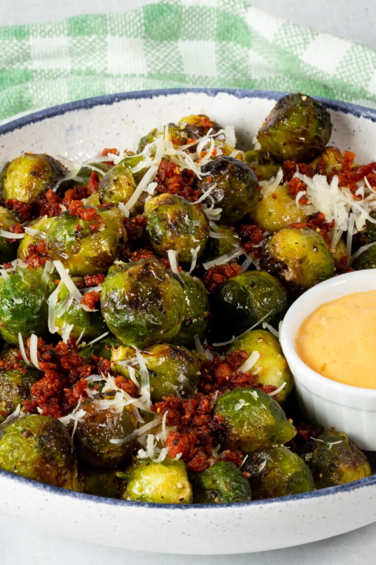 Roasted brussels sprouts with bacon and dipping sauce.