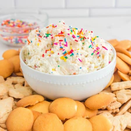 A bowl of dip with sprinkles and crackers.
