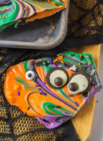 Halloween candy bark with eyes on top.
