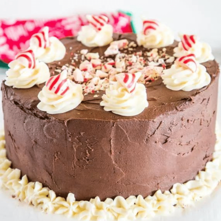 A chocolate cake with peppermint frosting and candy canes.