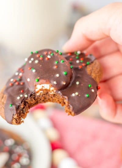 A person holding a chocolate covered cookie with sprinkles.