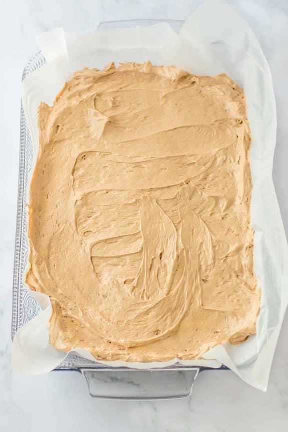 Peanut butter fudge in a baking pan.
