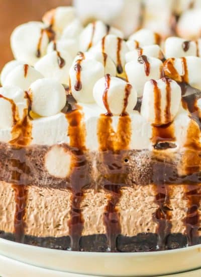 A slice of hot chocolate ice cream cake with marshmallows on top.