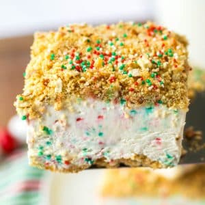 A piece of ice cream with sprinkles and Christmas crunch cake on it.
