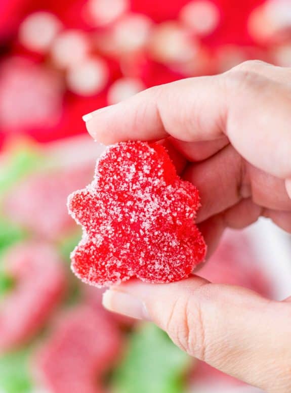 A hand holding a red Christmas gumdrop on a plate.