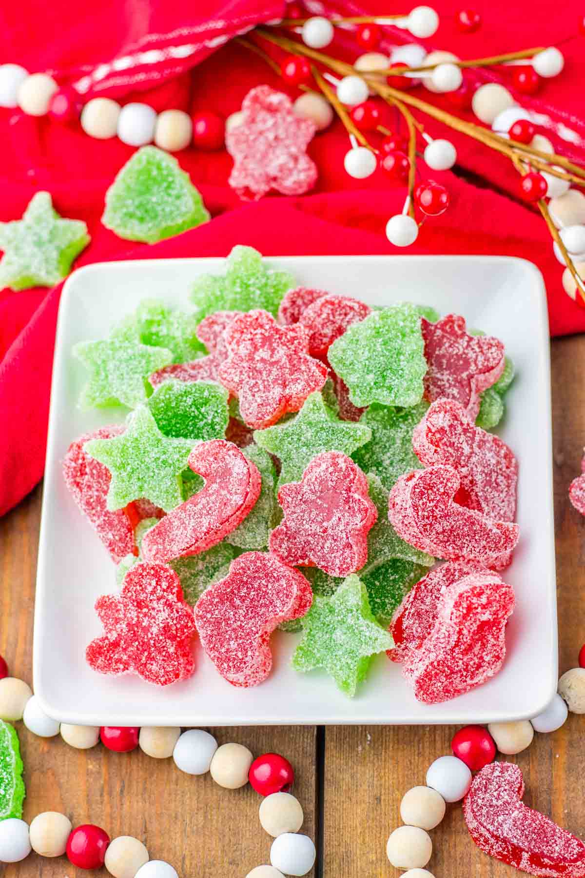 Christmas gumdrops on a white plate.