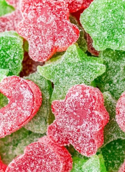 A close up of red, green, and white Christmas gumdrops.