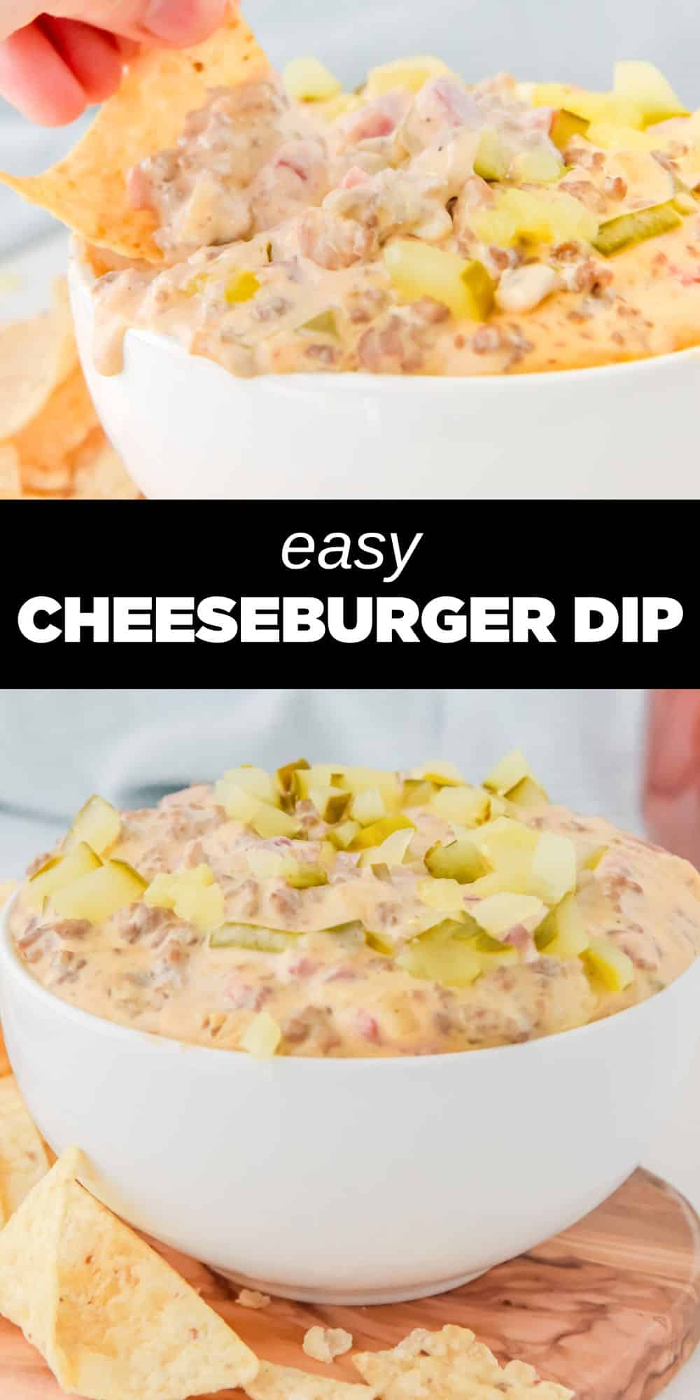 This hot and delicious Cheeseburger Dip is loaded with lots of cheesy goodness and all your favorite burger toppings. Whether it's for the big game or a summer cookout, it's the perfect party dip for any occasion.