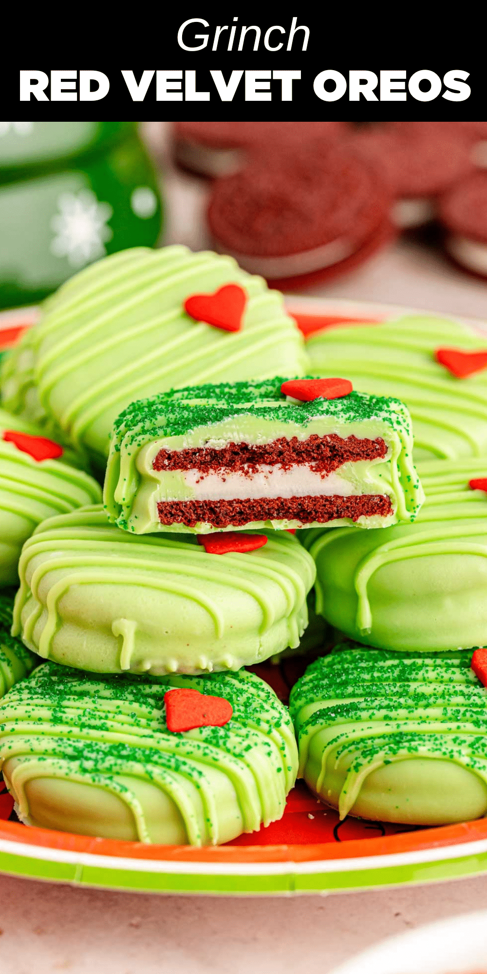 These whimsical Grinch Red Velvet Oreos are a fun holiday treat that combines the rich flavors of red velvet cake with the sweetness of a creamy chocolate coating. The vibrant green color and little Grinch heart make them perfect for spreading a little holiday cheer.