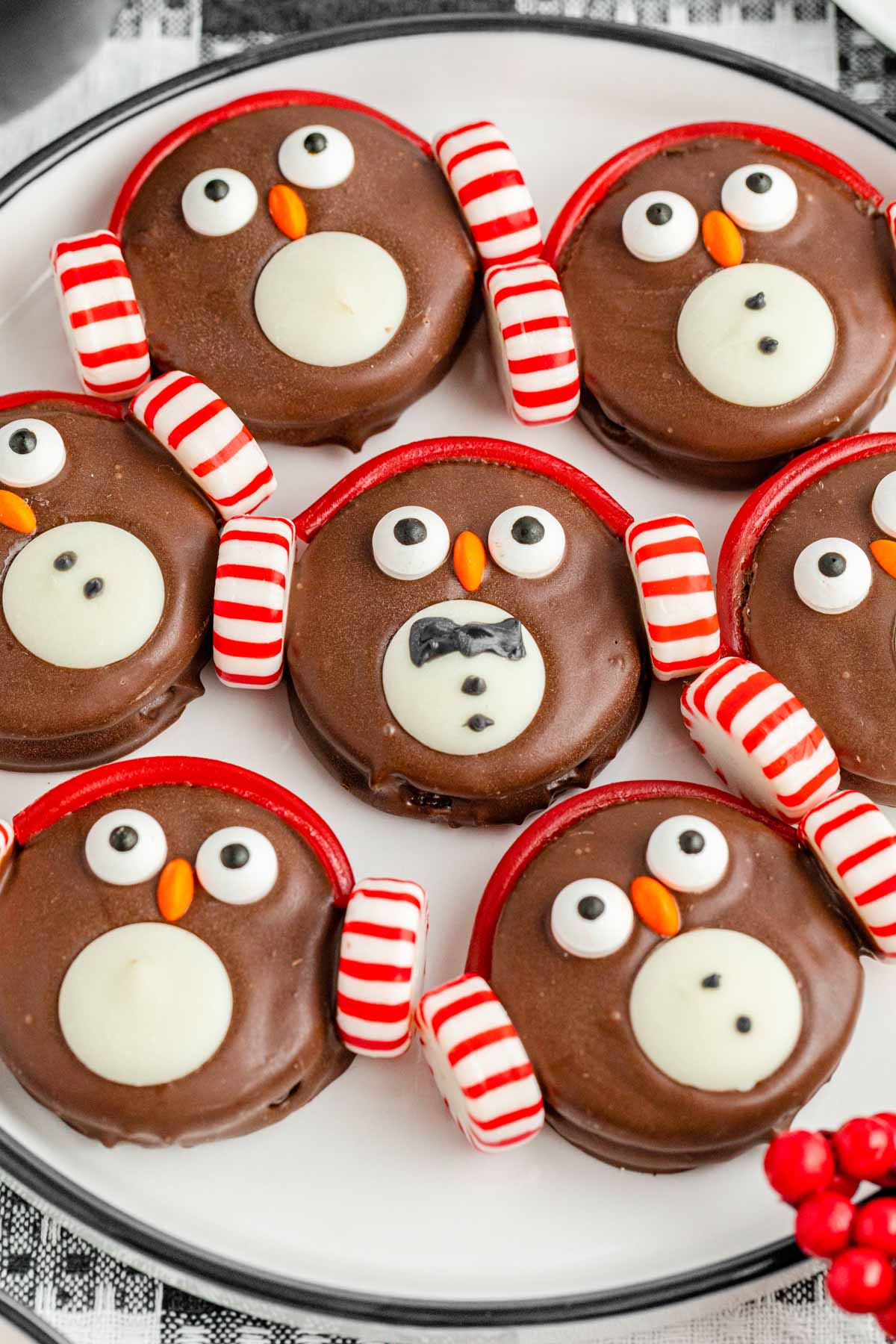 Chocolate owl cookies with candy canes on a plate.