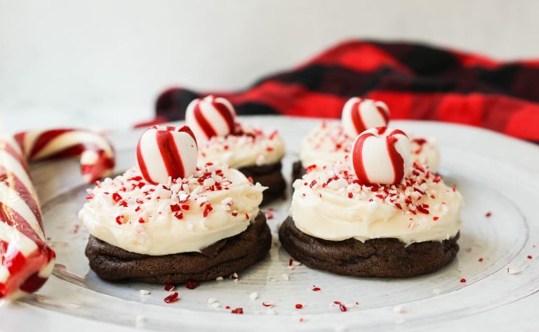 Chocolate peppermint cookies on a plate with candy canes.